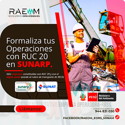 RAEOMINAM.COM RAEOMINAM RAEOM Registro Autoritativo de Empresas Operadoras MINAM, para transporte de Residuos Sólidos. Cuando tu empresa ya está oficialmente registrada en la SUNARP ya puedes proceder a inscribir tu negocio en el Registro Único de Contribuyentes (RUC 20) de la SUNAT, para identificarte como contribuyente Jurídico, para proteger el nombre de tu empresa y la legitimidad de tu negocio. El número que te proporcionen será único e identificará a tu empresa cuando tengas que hacer cualquier trámite.
                                                    Facilita también tu participación empresarial en licitaciones y procesos de selección del Estado.