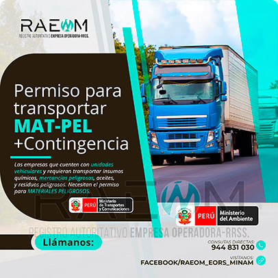 RAEOMINAM.COM RAEOMINAM RAEOM Registro Autoritativo de Empresas Operadoras MINAM, para transporte de Residuos Sólidos. Las empresas de transportes que trasladan materiales y/o residuos peligrosos deben solicitar al MTC la aprobación de su plan de contingencia. En él se establecen las rutas, materiales y/o residuos peligrosos a transportar y las acciones o medidas de mitigación en caso ocurra un siniestro o accidente, a fin de preservar la salud de la población y el cuidado del medioambiente.
                                        Clase 1: Explosivos. 
                                        Clase 2: Gases.
                                        Clase 3: Líquidos inflamables. 
                                        Clase 4: Sólidos inflamables. 
                                        Clase 5: Sustancias comburentes y peróxidos orgánicos. 
                                        Clase 6: Sustancias tóxicas y sustancias infecciosas. 
                                        Clase 7: Materiales radiactivos.
                                        Clase 8: Sustancias corrosivas.
                                        Clase 9: Sustancias y objetos peligrosos varios.
