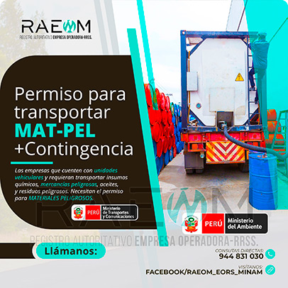 RAEOMINAM.COM RAEOMINAM RAEOM Registro Autoritativo de Empresas Operadoras MINAM, para transporte de Residuos Sólidos. Las empresas de transportes que trasladan materiales y/o residuos peligrosos deben solicitar al MTC la aprobación de su plan de contingencia. En él se establecen las rutas, materiales y/o residuos peligrosos a transportar y las acciones o medidas de mitigación en caso ocurra un siniestro o accidente, a fin de preservar la salud de la población y el cuidado del medioambiente.
                                        Clase 1: Explosivos. 
                                        Clase 2: Gases.
                                        Clase 3: Líquidos inflamables. 
                                        Clase 4: Sólidos inflamables. 
                                        Clase 5: Sustancias comburentes y peróxidos orgánicos. 
                                        Clase 6: Sustancias tóxicas y sustancias infecciosas. 
                                        Clase 7: Materiales radiactivos.
                                        Clase 8: Sustancias corrosivas.
                                        Clase 9: Sustancias y objetos peligrosos varios.