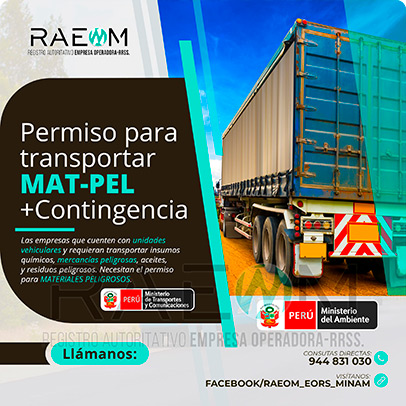 RAEOMINAM.COM RAEOMINAM RAEOM Registro Autoritativo de Empresas Operadoras MINAM, para transporte de Residuos Sólidos. Las empresas de transportes que trasladan materiales y/o residuos peligrosos deben solicitar al MTC la aprobación de su plan de contingencia. En él se establecen las rutas, materiales y/o residuos peligrosos a transportar y las acciones o medidas de mitigación en caso ocurra un siniestro o accidente, a fin de preservar la salud de la población y el cuidado del medioambiente.
                                        Clase 1: Explosivos. 
                                        Clase 2: Gases.
                                        Clase 3: Líquidos inflamables. 
                                        Clase 4: Sólidos inflamables. 
                                        Clase 5: Sustancias comburentes y peróxidos orgánicos. 
                                        Clase 6: Sustancias tóxicas y sustancias infecciosas. 
                                        Clase 7: Materiales radiactivos.
                                        Clase 8: Sustancias corrosivas.
                                        Clase 9: Sustancias y objetos peligrosos varios.