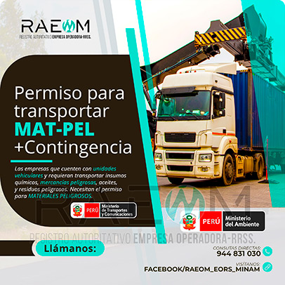 RAEOMINAM.COM RAEOMINAM RAEOM Registro Autoritativo de Empresas Operadoras MINAM, para transporte de Residuos Sólidos. Las empresas de transportes que trasladan materiales y/o residuos peligrosos deben solicitar al MTC la aprobación de su plan de contingencia. En él se establecen las rutas, materiales y/o residuos peligrosos a transportar y las acciones o medidas de mitigación en caso ocurra un siniestro o accidente, a fin de preservar la salud de la población y el cuidado del medioambiente.
                                        Clase 1: Explosivos. 
                                        Clase 2: Gases.
                                        Clase 3: Líquidos inflamables. 
                                        Clase 4: Sólidos inflamables. 
                                        Clase 5: Sustancias comburentes y peróxidos orgánicos. 
                                        Clase 6: Sustancias tóxicas y sustancias infecciosas. 
                                        Clase 7: Materiales radiactivos.
                                        Clase 8: Sustancias corrosivas.
                                        Clase 9: Sustancias y objetos peligrosos varios.