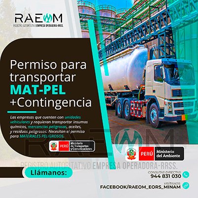 RAEOMINAM.COM RAEOMINAM RAEOM Registro Autoritativo de Empresas Operadoras MINAM, para transporte de Residuos Sólidos. Las empresas de transportes que trasladan materiales y/o residuos peligrosos deben solicitar al MTC la aprobación de su plan de contingencia. En él se establecen las rutas, materiales y/o residuos peligrosos a transportar y las acciones o medidas de mitigación en caso ocurra un siniestro o accidente, a fin de preservar la salud de la población y el cuidado del medioambiente.
                                                    Clase 1: Explosivos. 
                                                    Clase 2: Gases.
                                                    Clase 3: Líquidos inflamables. 
                                                    Clase 4: Sólidos inflamables. 
                                                    Clase 5: Sustancias comburentes y peróxidos orgánicos. 
                                                    Clase 6: Sustancias tóxicas y sustancias infecciosas. 
                                                    Clase 7: Materiales radiactivos.
                                                    Clase 8: Sustancias corrosivas.
                                                    Clase 9: Sustancias y objetos peligrosos varios.