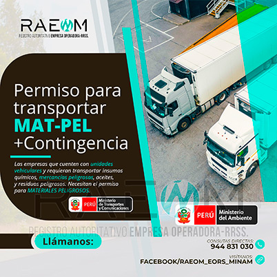 RAEOMINAM.COM RAEOMINAM RAEOM Registro Autoritativo de Empresas Operadoras MINAM, para transporte de Residuos Sólidos. Las empresas de transportes que trasladan materiales y/o residuos peligrosos deben solicitar al MTC la aprobación de su plan de contingencia. En él se establecen las rutas, materiales y/o residuos peligrosos a transportar y las acciones o medidas de mitigación en caso ocurra un siniestro o accidente, a fin de preservar la salud de la población y el cuidado del medioambiente.
                                                    Clase 1: Explosivos. 
                                                    Clase 2: Gases.
                                                    Clase 3: Líquidos inflamables. 
                                                    Clase 4: Sólidos inflamables. 
                                                    Clase 5: Sustancias comburentes y peróxidos orgánicos. 
                                                    Clase 6: Sustancias tóxicas y sustancias infecciosas. 
                                                    Clase 7: Materiales radiactivos.
                                                    Clase 8: Sustancias corrosivas.
                                                    Clase 9: Sustancias y objetos peligrosos varios.