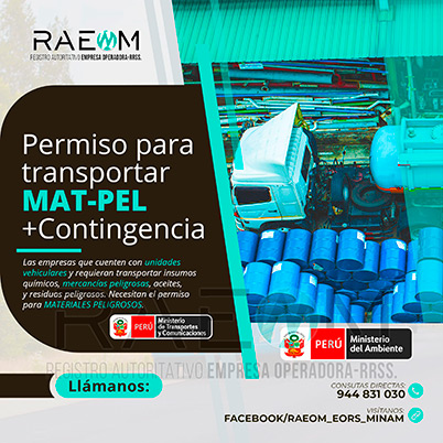 RAEOMINAM.COM RAEOMINAM RAEOM Registro Autoritativo de Empresas Operadoras MINAM, para transporte de Residuos Sólidos. Las empresas de transportes que trasladan materiales y/o residuos peligrosos deben solicitar al MTC la aprobación de su plan de contingencia. En él se establecen las rutas, materiales y/o residuos peligrosos a transportar y las acciones o medidas de mitigación en caso ocurra un siniestro o accidente, a fin de preservar la salud de la población y el cuidado del medioambiente.
                                                    Clase 1: Explosivos. 
                                                    Clase 2: Gases.
                                                    Clase 3: Líquidos inflamables. 
                                                    Clase 4: Sólidos inflamables. 
                                                    Clase 5: Sustancias comburentes y peróxidos orgánicos. 
                                                    Clase 6: Sustancias tóxicas y sustancias infecciosas. 
                                                    Clase 7: Materiales radiactivos.
                                                    Clase 8: Sustancias corrosivas.
                                                    Clase 9: Sustancias y objetos peligrosos varios.