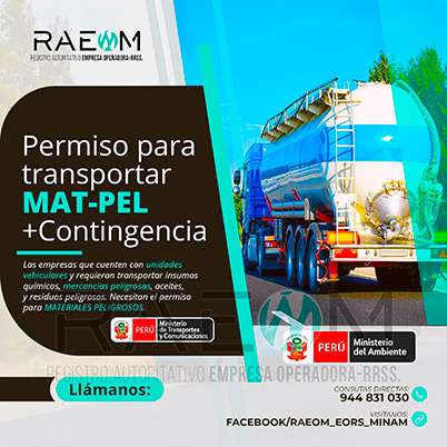 RAEOMINAM.COM RAEOMINAM RAEOM Registro Autoritativo de Empresas Operadoras MINAM, para transporte de Residuos Sólidos. Las empresas de transportes que trasladan materiales y/o residuos peligrosos deben solicitar al MTC la aprobación de su plan de contingencia. En él se establecen las rutas, materiales y/o residuos peligrosos a transportar y las acciones o medidas de mitigación en caso ocurra un siniestro o accidente, a fin de preservar la salud de la población y el cuidado del medioambiente.
                                                    Clase 1: Explosivos. 
                                                    Clase 2: Gases.
                                                    Clase 3: Líquidos inflamables. 
                                                    Clase 4: Sólidos inflamables. 
                                                    Clase 5: Sustancias comburentes y peróxidos orgánicos. 
                                                    Clase 6: Sustancias tóxicas y sustancias infecciosas. 
                                                    Clase 7: Materiales radiactivos.
                                                    Clase 8: Sustancias corrosivas.
                                                    Clase 9: Sustancias y objetos peligrosos varios.
