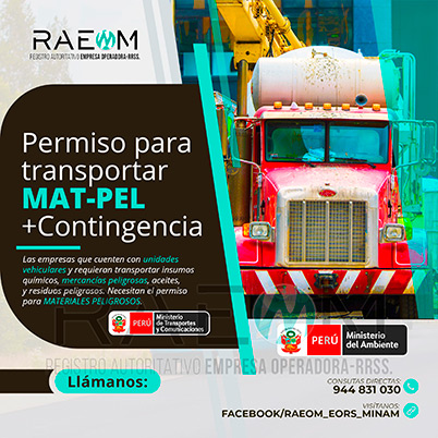 RAEOMINAM.COM RAEOMINAM RAEOM Registro Autoritativo de Empresas Operadoras MINAM, para transporte de Residuos Sólidos. Las empresas de transportes que trasladan materiales y/o residuos peligrosos deben solicitar al MTC la aprobación de su plan de contingencia. En él se establecen las rutas, materiales y/o residuos peligrosos a transportar y las acciones o medidas de mitigación en caso ocurra un siniestro o accidente, a fin de preservar la salud de la población y el cuidado del medioambiente.
                                                    Clase 1: Explosivos. 
                                                    Clase 2: Gases.
                                                    Clase 3: Líquidos inflamables. 
                                                    Clase 4: Sólidos inflamables. 
                                                    Clase 5: Sustancias comburentes y peróxidos orgánicos. 
                                                    Clase 6: Sustancias tóxicas y sustancias infecciosas. 
                                                    Clase 7: Materiales radiactivos.
                                                    Clase 8: Sustancias corrosivas.
                                                    Clase 9: Sustancias y objetos peligrosos varios.