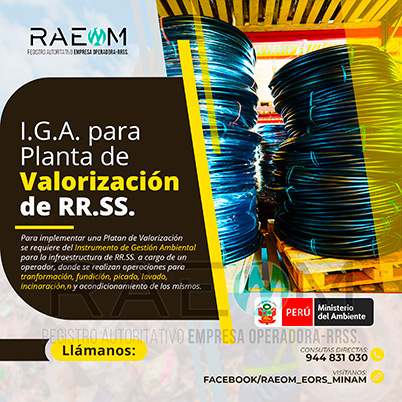 RAEOMINAM.COM RAEOMINAM RAEOM Registro Autoritativo de Empresas Operadoras MINAM, para transporte de Residuos Sólidos. Las plantas de valorización son infraestructuras donde se realizan las siguientes operaciones:
                                                    a) Actividades de acondicionamiento señaladas en la normatividad;
                                                    b) Biodegradación de la fracción orgánica de los residuos con fines de producción de energía o mejorador de suelo;
                                                    c) Uso de residuos orgánicos para el desarrollo de compostaje;
                                                    d) Recuperación de aceites usados;
                                                    e) Desmantelamiento/desensamblaje de residuos de aparatos eléctricos y electrónicos;
                                                    f) Otras alternativas de valorización.