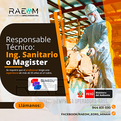 RAEOMINAM.COM RAEOMINAM RAEOM Registro Autoritativo de Empresas Operadoras MINAM, para transporte de Residuos Sólidos. Un ingeniero especialista en manejo y gestión de residuos sólidos debe poseer un sólido conocimiento de las leyes y regulaciones ambientales relacionadas con el transporte y manejo de residuos en el Ministerio del Ambiente en Lima Perú. Debe estar familiarizado con las mejores prácticas de la industria, ambiental, reducción de impacto ambiental, transporte de residuos, tecnologías de tratamiento de residuos, reducción de la contaminación, valorización y trnasformación de residuos y técnicas de minimización de impacto ambiental. Documentos que acrediten la especialización y la experiencia en la gestión y manejo de residuos sólidos. Documentos que acrediten la especialización y la experiencia en la gestión y manejo de residuos sólidos.
                                                    Además, presentar una carta de compromiso debidamente firmada por el/la profesional que se hará cargo de la dirección técnica de la EO-RS; adjuntando para ello, en caso corresponda, copia de los documentos establecidos en la normatividad y reglamento vigente.
                                                    Asimismo, se debe indicar la autenticidad de los documentos presentados en copia simple, lo cual tendrá carácter de declaración jurada, de conformidad con lo establecido en el artículo 47 del Texto Único Ordenado de la Ley N° 27444, Ley del Procedimiento Administrativo General.