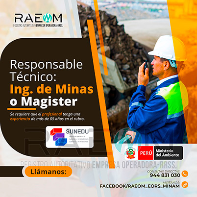 RAEOMINAM.COM RAEOMINAM RAEOM Registro Autoritativo de Empresas Operadoras MINAM, para transporte de Residuos Sólidos. Un ingeniero especialista en manejo y gestión de residuos sólidos debe poseer un sólido conocimiento de las leyes y regulaciones ambientales relacionadas con el transporte y manejo de residuos en el Ministerio del Ambiente en Lima Perú. Debe estar familiarizado con las mejores prácticas de la industria, ambiental, reducción de impacto ambiental, transporte de residuos, tecnologías de tratamiento de residuos, reducción de la contaminación, valorización y trnasformación de residuos y técnicas de minimización de impacto ambiental. Documentos que acrediten la especialización y la experiencia en la gestión y manejo de residuos sólidos. Documentos que acrediten la especialización y la experiencia en la gestión y manejo de residuos sólidos.
                                                    Además, presentar una carta de compromiso debidamente firmada por el/la profesional que se hará cargo de la dirección técnica de la EO-RS; adjuntando para ello, en caso corresponda, copia de los documentos establecidos en la normatividad y reglamento vigente.
                                                    Asimismo, se debe indicar la autenticidad de los documentos presentados en copia simple, lo cual tendrá carácter de declaración jurada, de conformidad con lo establecido en el artículo 47 del Texto Único Ordenado de la Ley N° 27444, Ley del Procedimiento Administrativo General.
