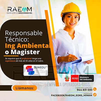RAEOMINAM.COM RAEOMINAM RAEOM Registro Autoritativo de Empresas Operadoras MINAM, para transporte de Residuos Sólidos. Un ingeniero especialista en manejo y gestión de residuos sólidos debe poseer un sólido conocimiento de las leyes y regulaciones ambientales relacionadas con el transporte y manejo de residuos en el Ministerio del Ambiente en Lima Perú. Debe estar familiarizado con las mejores prácticas de la industria, ambiental, reducción de impacto ambiental, transporte de residuos, tecnologías de tratamiento de residuos, reducción de la contaminación, valorización y trnasformación de residuos y técnicas de minimización de impacto ambiental. Documentos que acrediten la especialización y la experiencia en la gestión y manejo de residuos sólidos. Documentos que acrediten la especialización y la experiencia en la gestión y manejo de residuos sólidos.
                                                    Además, presentar una carta de compromiso debidamente firmada por el/la profesional que se hará cargo de la dirección técnica de la EO-RS; adjuntando para ello, en caso corresponda, copia de los documentos establecidos en la normatividad y reglamento vigente.
                                                    Asimismo, se debe indicar la autenticidad de los documentos presentados en copia simple, lo cual tendrá carácter de declaración jurada, de conformidad con lo establecido en el artículo 47 del Texto Único Ordenado de la Ley N° 27444, Ley del Procedimiento Administrativo General.