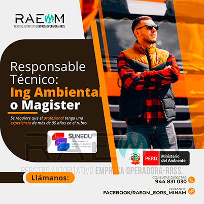 RAEOMINAM.COM RAEOMINAM RAEOM Registro Autoritativo de Empresas Operadoras MINAM, para transporte de Residuos Sólidos. Un ingeniero especialista en manejo y gestión de residuos sólidos debe poseer un sólido conocimiento de las leyes y regulaciones ambientales relacionadas con el transporte y manejo de residuos en el Ministerio del Ambiente en Lima Perú. Debe estar familiarizado con las mejores prácticas de la industria, ambiental, reducción de impacto ambiental, transporte de residuos, tecnologías de tratamiento de residuos, reducción de la contaminación, valorización y trnasformación de residuos y técnicas de minimización de impacto ambiental. Documentos que acrediten la especialización y la experiencia en la gestión y manejo de residuos sólidos. Documentos que acrediten la especialización y la experiencia en la gestión y manejo de residuos sólidos.
                                                    Además, presentar una carta de compromiso debidamente firmada por el/la profesional que se hará cargo de la dirección técnica de la EO-RS; adjuntando para ello, en caso corresponda, copia de los documentos establecidos en la normatividad y reglamento vigente.
                                                    Asimismo, se debe indicar la autenticidad de los documentos presentados en copia simple, lo cual tendrá carácter de declaración jurada, de conformidad con lo establecido en el artículo 47 del Texto Único Ordenado de la Ley N° 27444, Ley del Procedimiento Administrativo General.